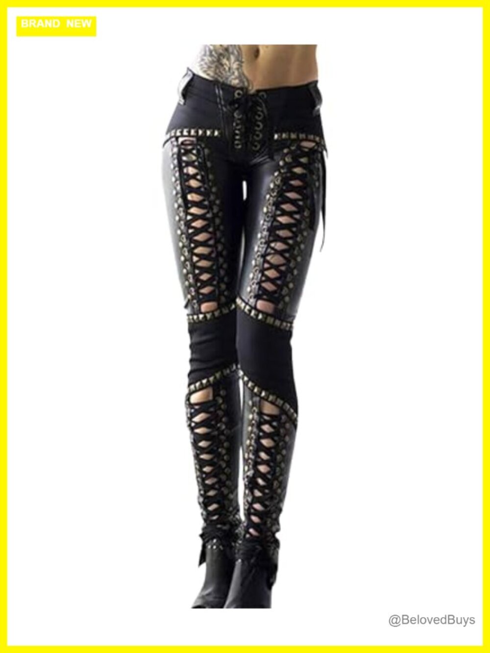 Faux Leather Lace Up Studded High Waisted Skinny Legging Pants